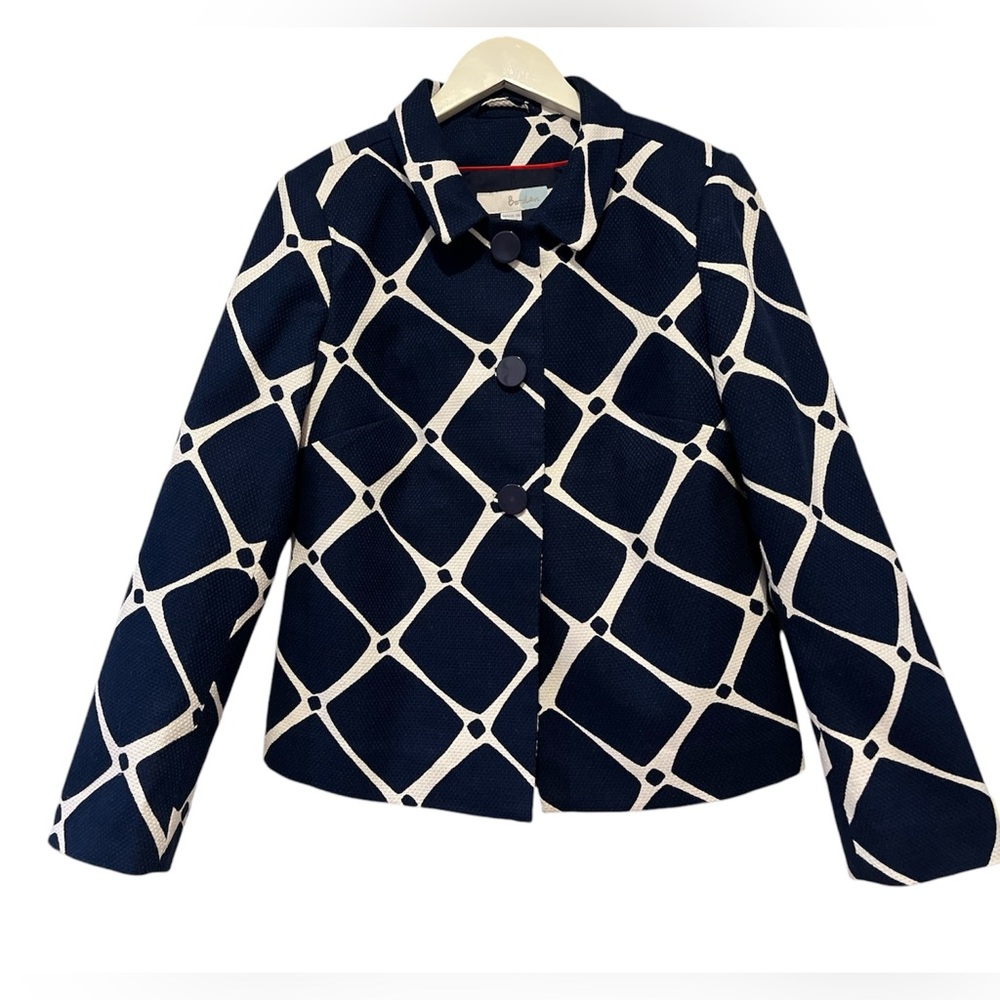Boden Coat, Jacket, Blazer Womens US 2R Navy Blue/white Cotton Lined A-line Coat